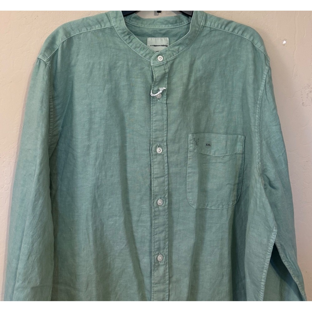 American Eagle Shirt Men XXL Green Mandarin Collar Button Down Linen Blend‎ NWOT - Picture 2 of 11